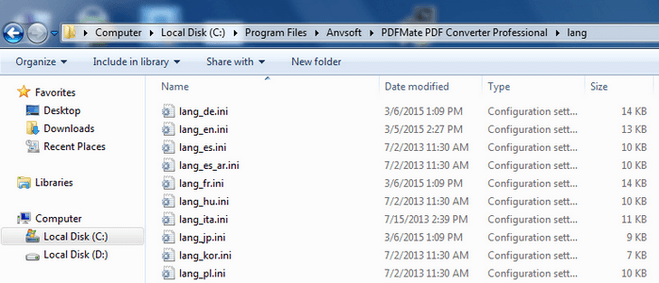 Language subfolder of PDFMate free PDF converter